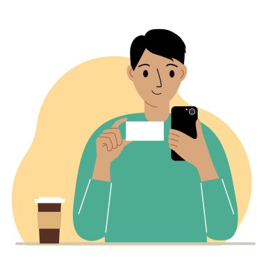 Elinde cep telefonu olan bir adam kartvizit tutuyor. Metin için boş kart alanı. Vektör