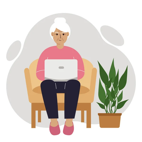 La abuela está sentada con un portátil en un sillón en casa. Trabajo en una computadora. Educación en línea, formación o concepto de redes sociales. — Vector de stock