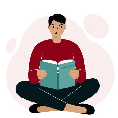 Genç adam kitap okuyor, bacak bacak üstüne atıyor. Kızgın, agresif. Boş zaman ve eğitim konsepti. Kitap festivali konsepti, adil, okumak. Vektör illüstrasyonu