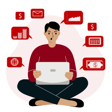 Başarısız bir internet işi, evden bilgisayarla uzaktan çalışan ve para kazanamayan bir adam. İnternet teknolojileri. Finansal hata, veri analizi. Finansal kaybeden. Vektör düz resimleme