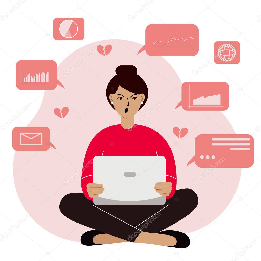 Woman analyzing data on her laptop and sitting cross-legged. Angry and screaming. Data science concept. Business graphs and charts. Vector flat illustration.