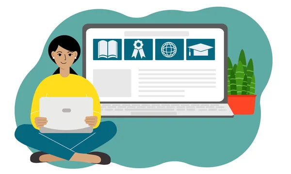 Koncepcja Uczenia Się Online Kobieta Siedzi Skrzyżowanymi Nogami Laptopem Zbliżenie — Wektor stockowy