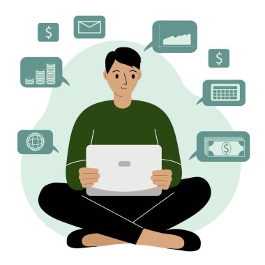 İnternette başarılı bir iş, evden bilgisayarla uzaktan çalışıp para kazanan bir adam. Finansal refah için internet teknolojileri, veri analizleri. Vektör düz resimleme