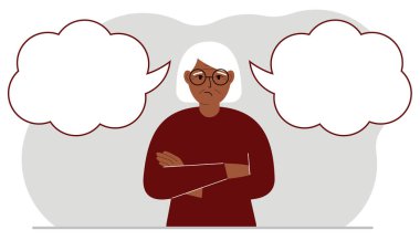 Üzgün bir büyükanne doğru kararı vermeye çalışır. Sol ve sağ boş kabarcıklar. İki çözümün karşılaştırılması. Vektör düz resimleme