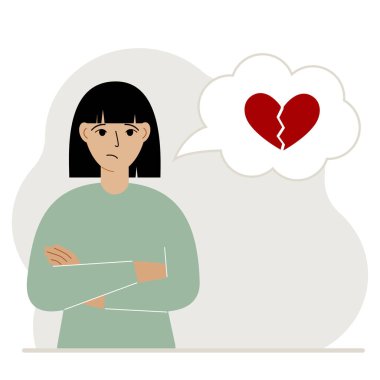 Üzgün kadın aşkı düşünür. Bir düşünce balonunda, kırmızı kırık bir kalple. Ayrılık ve aşkı paylaşmama kavramı. Vektör düz resimleme