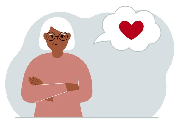 Triste Abuela Piensa Amor Globo Del Pensamiento Hay Corazón Rojo — Vector de stock