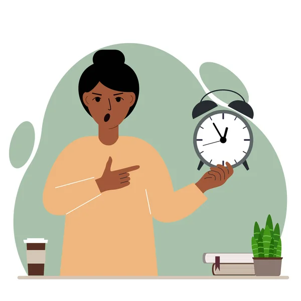 時間管理イラストの現代的な概念 悲鳴を上げる女性は彼の手に目覚まし時計を持っており それに2番目のポイント ベクトル平図 — ストックベクタ