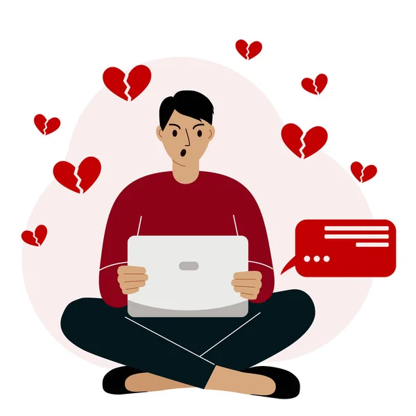 オンラインコミュニケーション 分離概念 積極的な男のクロス座って 周りの心が壊れ飛んでノートパソコンで足を 怒っていると愛に失望感 通信を行う ベクトル平図 ロイヤリティフリーのストックイラスト