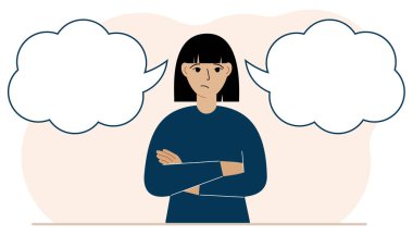 Üzgün bir kadın doğru kararı vermeye çalışır. Sol ve sağ boş kabarcıklar. İki çözümün karşılaştırılması. Vektör düz resimleme