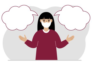 Tıbbi maskeli bir kadın doğru kararı vermeye çalışıyor. Sol ve sağ baloncuklar boş. İki çözümün karşılaştırılması. Vektör düz resimleme