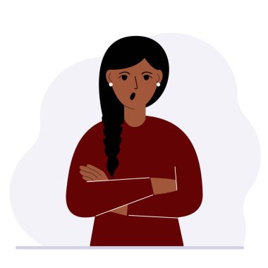 Kadın bağırıyor ve üzgün. Kollar göğsün üzerinde çaprazlanmış. Vektör düz resimleme