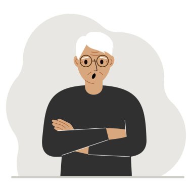 Büyükbabam bağırıyor ve üzgün. Kollar göğsün üzerinde çaprazlanmış. Vektör düz resimleme