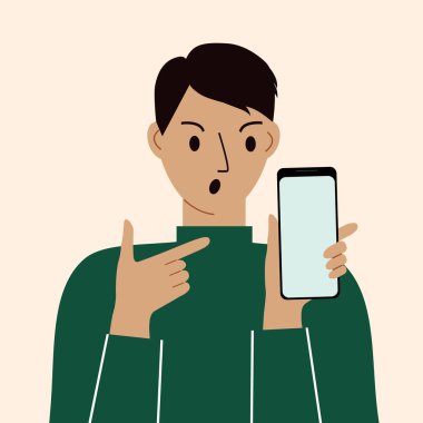Cep telefonu olan kızgın bir adam. Telefona işaret ediyor. Haberler. Akıllı telefon ve internet bağımlılığı. Vektör illüstrasyonu.