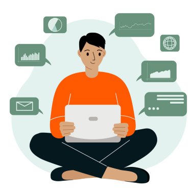 Dizüstü bilgisayarında veri analiz eden ve bacak bacak üstüne atmış mutlu bir adam. Veri bilimi kavramı. İş grafikleri ve çizelgeleri. Vektör düz resimleme.