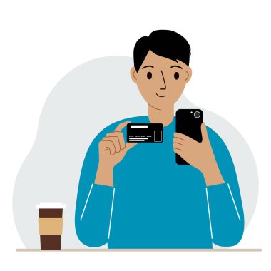 Elinde cep telefonu olan bir kadın banka kartı tutuyor. Konsept kredi, depozito, ödeme, banka hesabı. Vektör düz resimleme