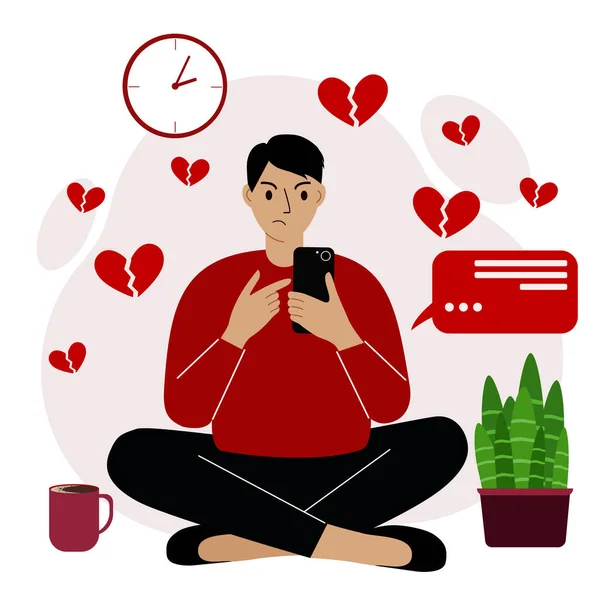 网上约会和聊天 好斗的男人两条腿交叉坐在一起 手里拿着一部心碎的手机 在爱情中失望 — 图库矢量图片