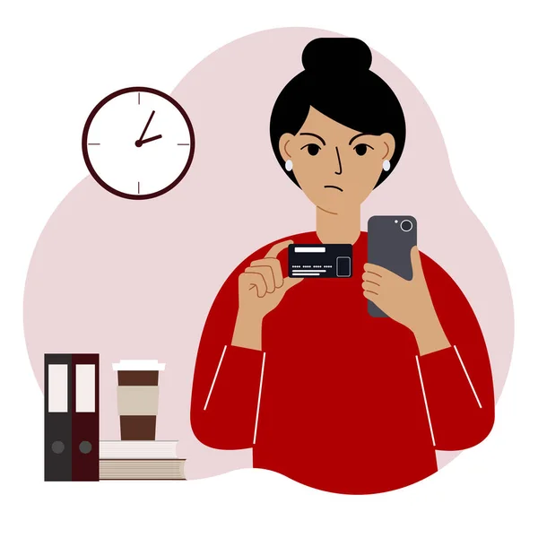 Kvinna Med Mobiltelefon Handen Håller Ett Bankkort Koncept För Avvisande — Stock vektor