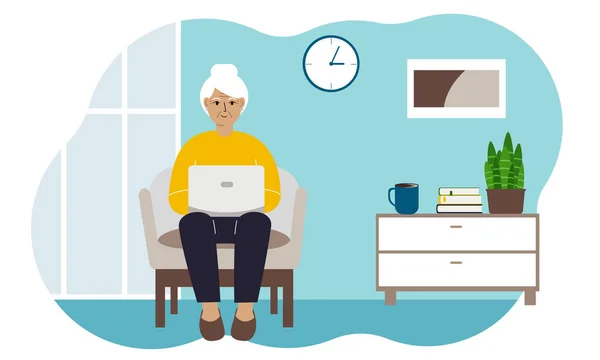 Großmutter Sitzt Hause Mit Laptop Auf Einem Sessel Ich Arbeite — Stockvektor