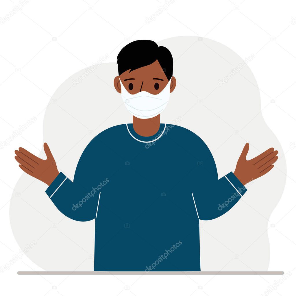 A man in a protective medical face mask. The man wears protection against viruses, urban air pollution, smog, vapors, and polluting gas emissions. Vector flat illustration.