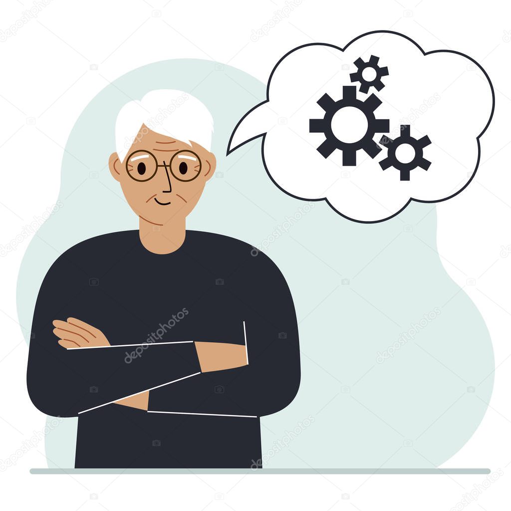 Happy granddad thinks dreaming with gears concept. A grandfather is thinking about solving a problem. Balloon with the image of three gears. Vector flat illustration.