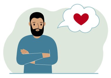 Mutlu adam aşkı düşünür. Düşünce balonunda kırmızı bir kalp var. Vektör düz resimleme