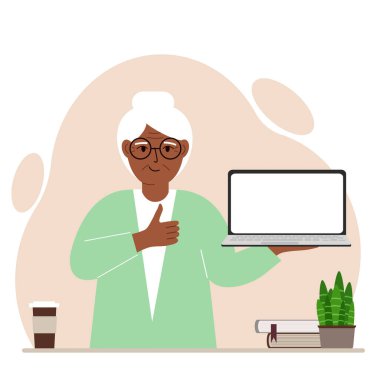 Bir büyükanne dizüstü bilgisayarını elinde tutuyor ve işaret veriyor. Dizüstü bilgisayar teknolojisi konsepti. Vektör düz resimleme.