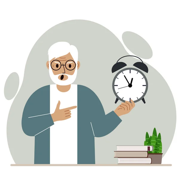 時間管理イラストの現代的な概念 悲鳴を上げる祖父は 彼の手に目覚まし時計を保持し それを2番目のポイント ベクトル平図 — ストックベクタ