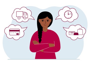 Ordering and delivery process concepts. Happy woman and steps of a delivery order. Payment, delivery car, waiting hours and goods and purchases.