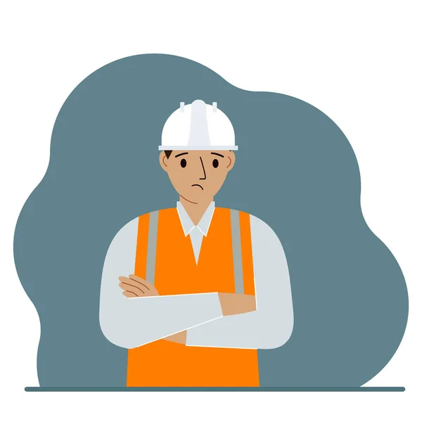 Sad male construction worker in a white helmet and an orange vest. Vector — Stock vektor