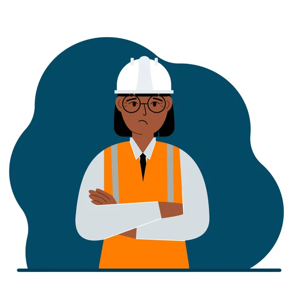 Mujer triste trabajadora de la construcción con un casco blanco y un chaleco naranja. Ingeniero. Vector — Archivo Imágenes Vectoriales