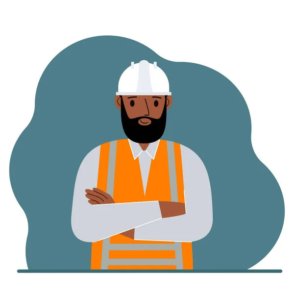 Smiling man construction worker in a white helmet and an orange vest. Vector — Vetor de Stock