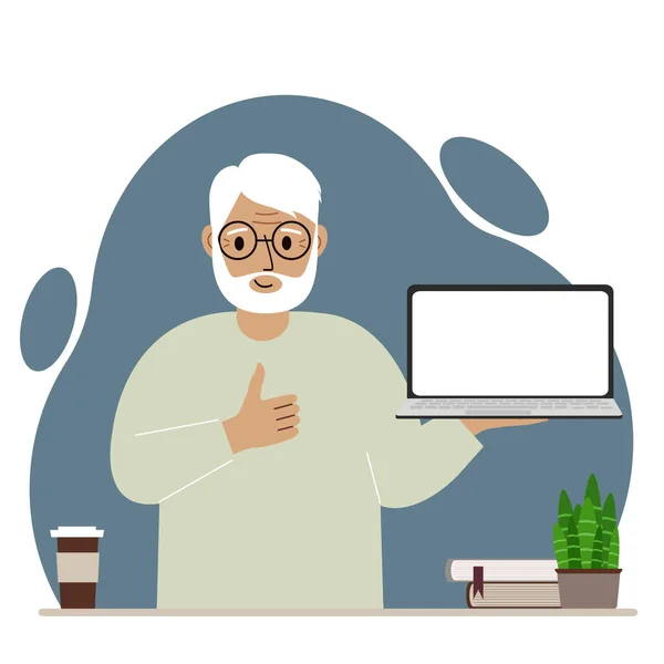 A grandfather holds a laptop computer on his hand and shows a thumbs up sign. Laptop computer technology concept. Vector — Stockový vektor