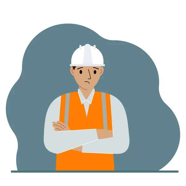 Triste obrero de la construcción con un casco blanco y un chaleco naranja. Vector — Archivo Imágenes Vectoriales