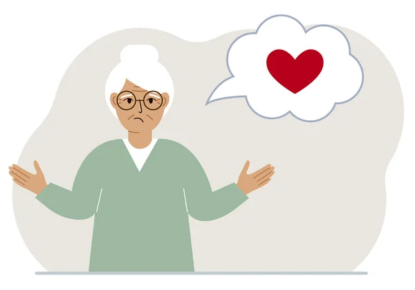 Η λυπημένη γιαγιά σκέφτεται την αγάπη. Στο μπαλόνι της σκέψης υπάρχει μια κόκκινη καρδιά. Διάνυσμα — Διανυσματικό Αρχείο