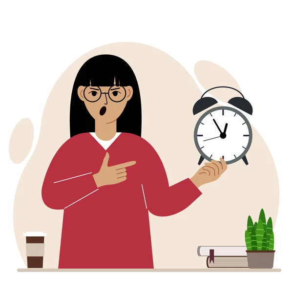 Modern concept of time management illustration. A screaming woman holds an alarm clock in his hand and the second points to it. — Vector de stock