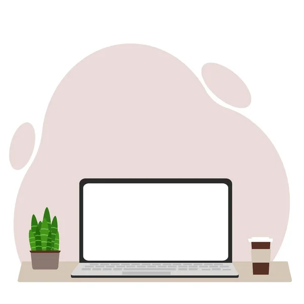 The desktop concept with the computer. Desktop with laptop coffee and plant. Vector — Wektor stockowy