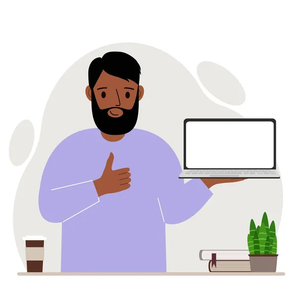Ένας άντρας κρατάει έναν φορητό υπολογιστή στο χέρι του και δείχνει μια πινακίδα. Σχέδιο τεχνολογίας φορητού υπολογιστή. Διάνυσμα — Διανυσματικό Αρχείο