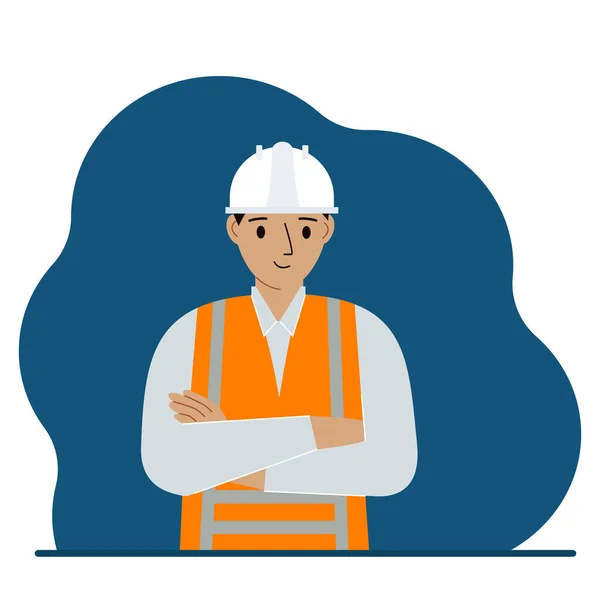 Smiling man construction worker in a white helmet and an orange vest. Vector — Stockvector