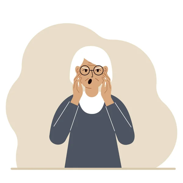 The unhappy grandmother screams, clutching his head with his hands. Emotions and body language concept. Stress, tension and migraine concept. — Wektor stockowy
