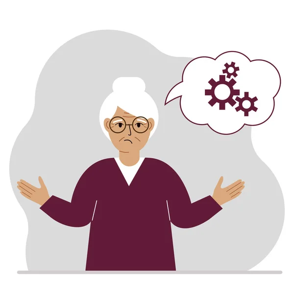 Sad grandma thinks, dreams with gears concept. Grandmother is thinking about solving the problem. Balloon with the image of three gears — Archivo Imágenes Vectoriales