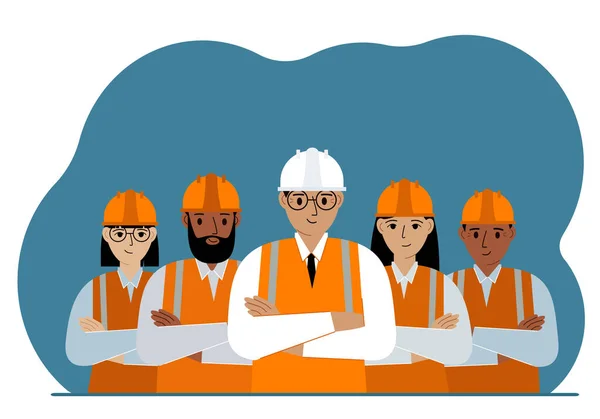 A team of smiling construction workers in white and orange hard hats and orange vests. Engineer and builders. — Stok Vektör