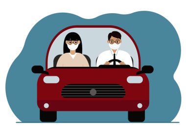 A man driving a red car next to a woman passenger. Both are wearing medical masks. Foreground. Vector flat illustration