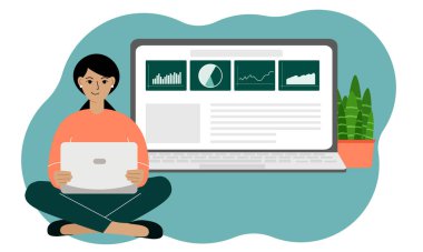 Concept for online targeting, smm, analytics. A woman is sitting cross-legged with a laptop. Close-up of a laptop with an open website page. Vector flat illustration