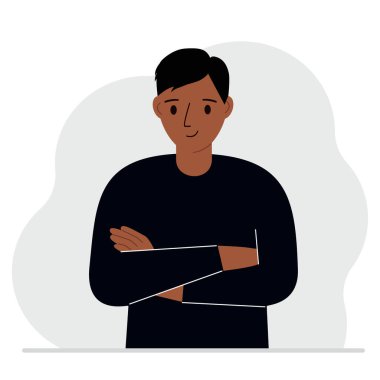 Gülümseyen ve kollarını göğsünde kavuşturan genç bir adam. Vektör düz resimleme