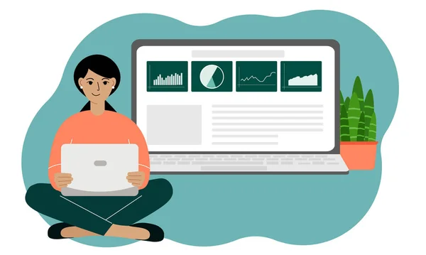 Concept Online Targeting Smm Analytics Woman Sitting Cross Legged Laptop — Image vectorielle