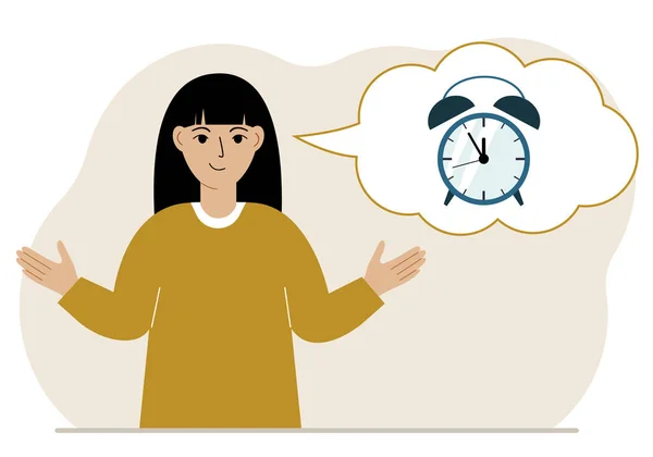 Happy Woman Thought Balloon Alarm Clock Time Management Planning Organization — Stok Vektör