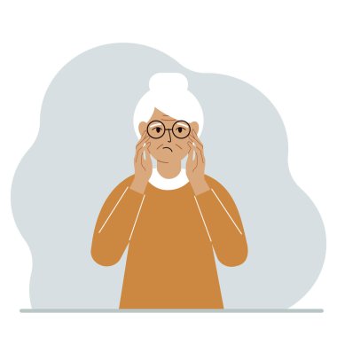 Mutsuz büyükannem elleriyle kafasını tutuyor. Duygular ve vücut dili kavramı. Stres, gerilim ve migren konsepti. Vektör düz resimleme