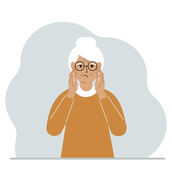 不幸な祖母は彼の手で頭を握りしめている 感情やボディランゲージの概念 ストレス 片頭痛の概念 ベクトル平図 — ストックベクタ