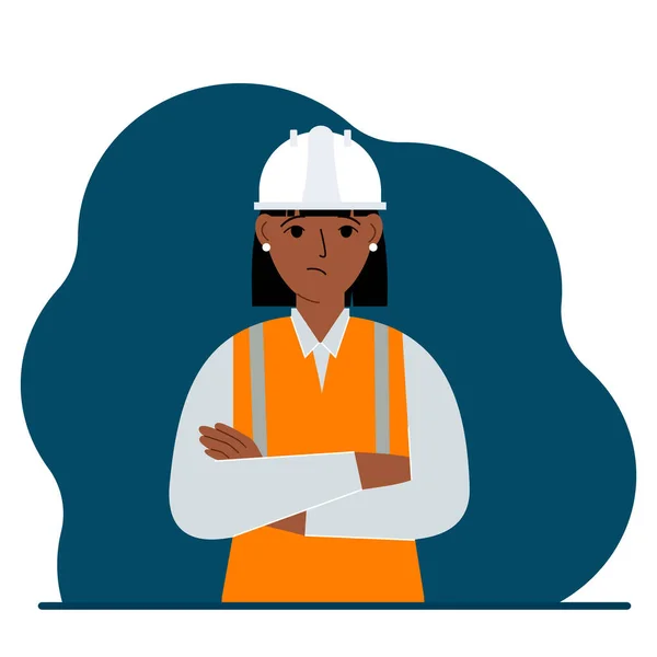 Triste Ouvrière Construction Avec Casque Blanc Gilet Orange Ingénieur Illustration — Image vectorielle