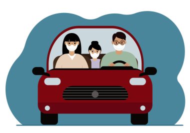 A man drives a red car next to a passenger and a small child in the back seat. Family in the car. Foreground. Everyone is wearing medical masks. Vector flat illustration